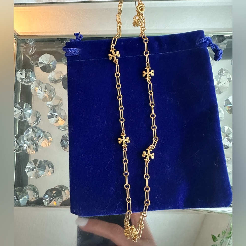Tory Burch Gold Chain Necklace with Blue Pouch